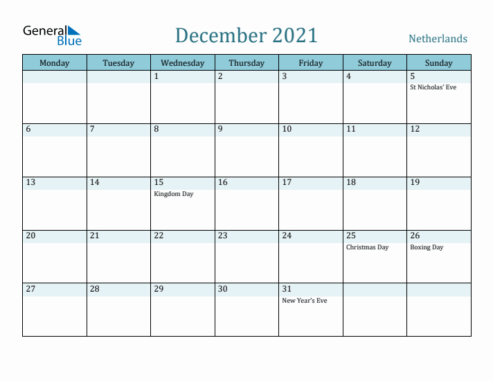 December 2021 Calendar with Holidays