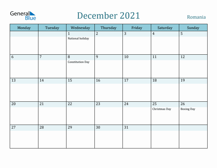 December 2021 Calendar with Holidays