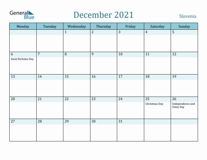 December 2021 Calendar with Holidays