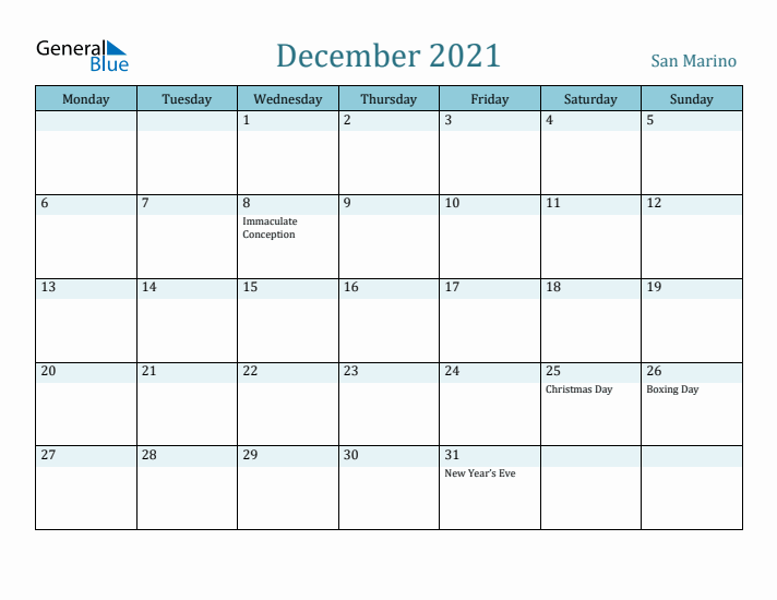 December 2021 Calendar with Holidays