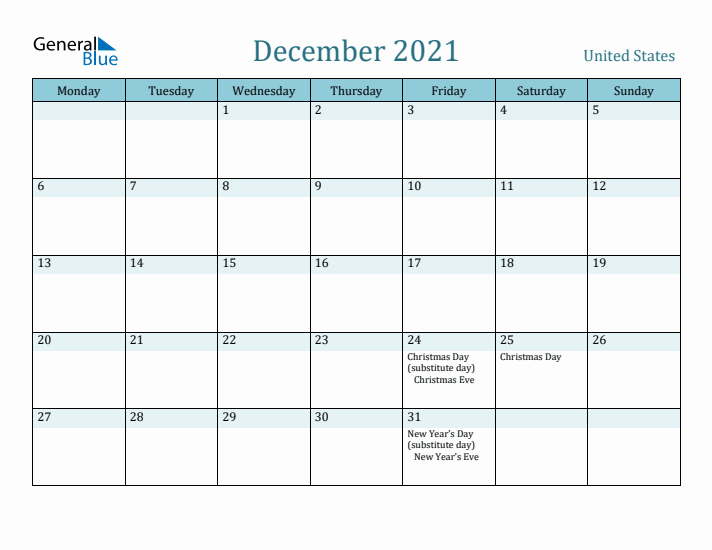 December 2021 Calendar with Holidays