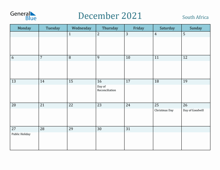 December 2021 Calendar with Holidays