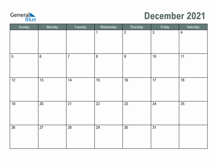 Free Printable December 2021 Calendar