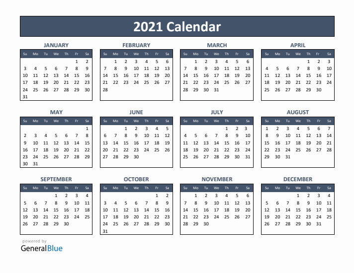 Basic Annual Calendar for Year 2021