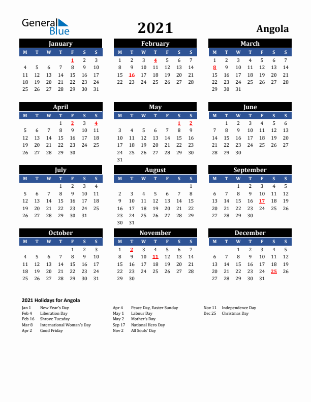 2021 Angola Holiday Calendar