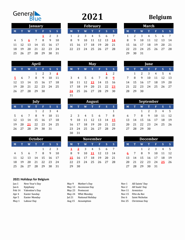 2021 Belgium Holiday Calendar