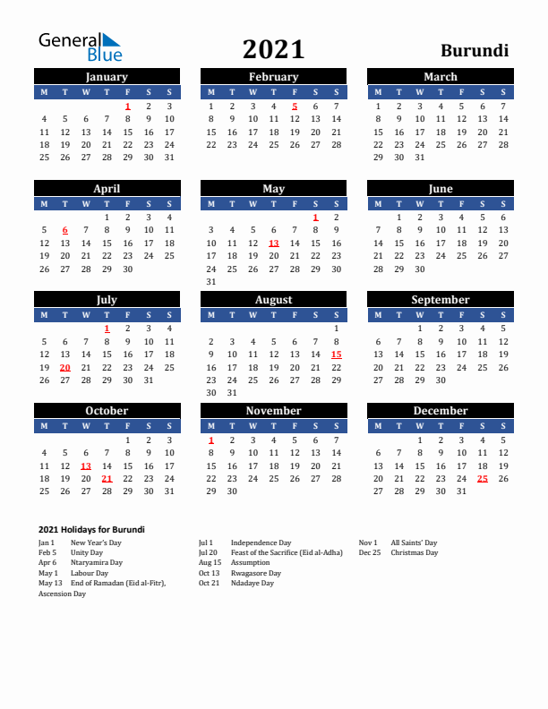 2021 Burundi Holiday Calendar