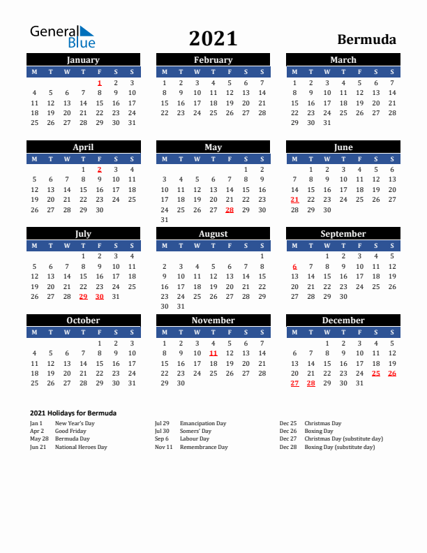 2021 Bermuda Holiday Calendar