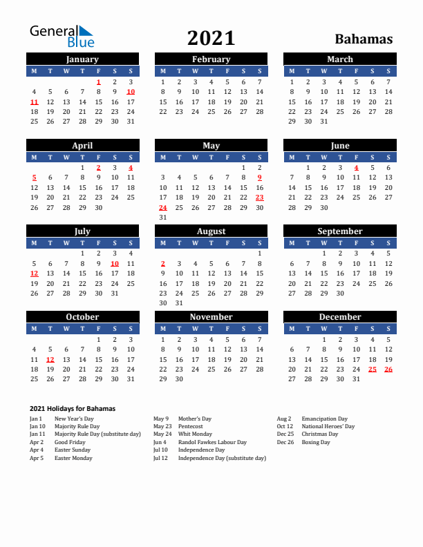 2021 Bahamas Holiday Calendar