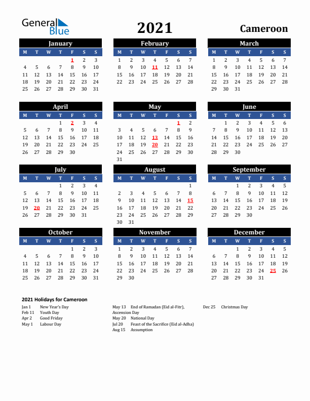 2021 Cameroon Holiday Calendar