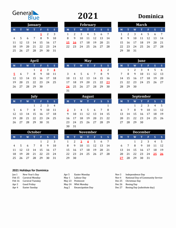 2021 Dominica Holiday Calendar