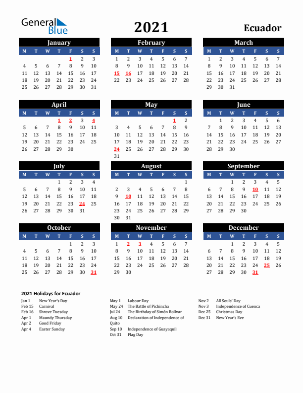 2021 Ecuador Holiday Calendar