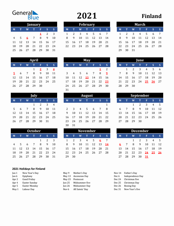 2021 Finland Holiday Calendar