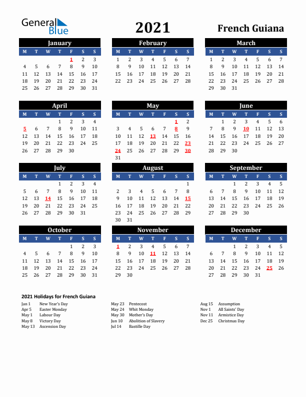 2021 French Guiana Holiday Calendar