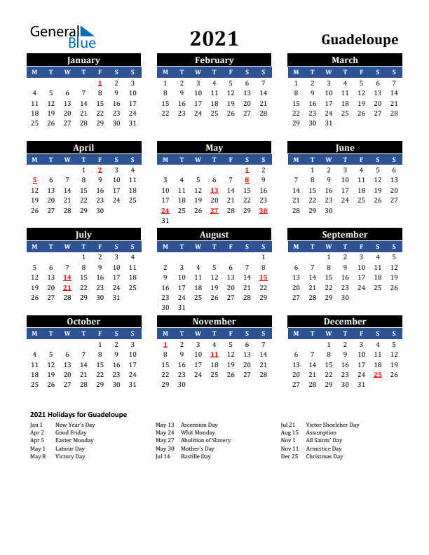 2021 Guadeloupe Holiday Calendar