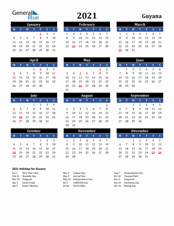 2021 Guyana Holiday Calendar