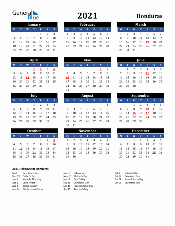 2021 Honduras Holiday Calendar