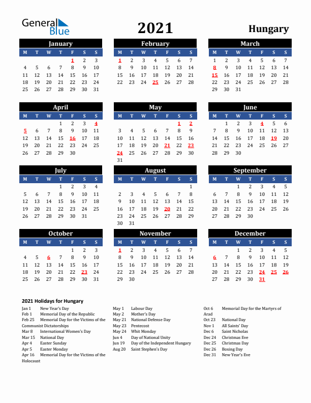 2021 Hungary Holiday Calendar