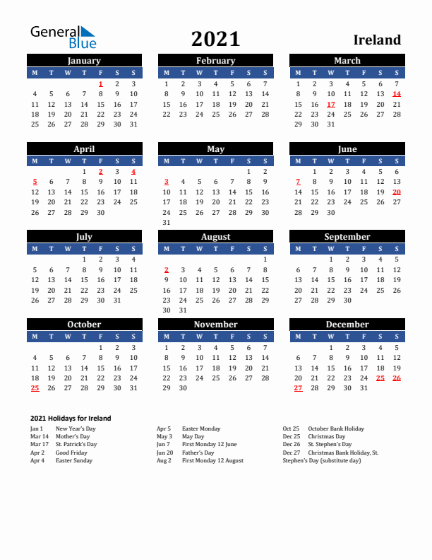 2021 Ireland Holiday Calendar