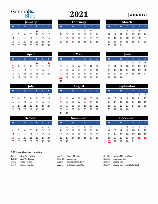 2021 Jamaica Holiday Calendar