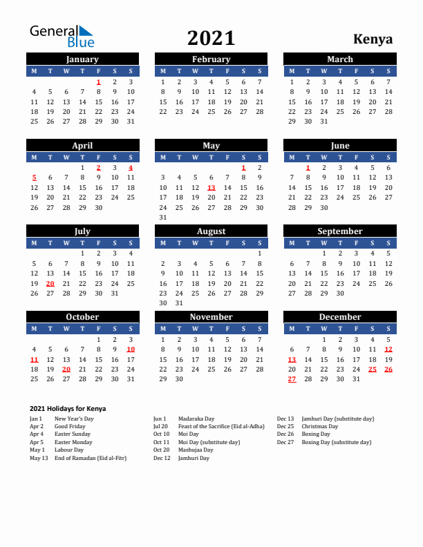 2021 Kenya Holiday Calendar