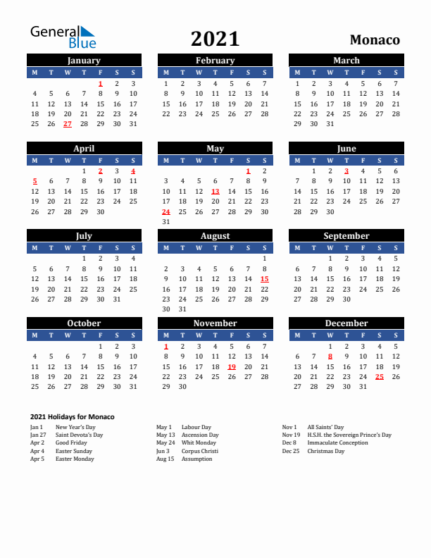 2021 Monaco Holiday Calendar