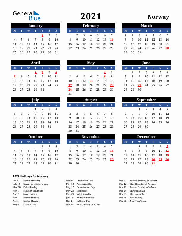 2021 Norway Holiday Calendar