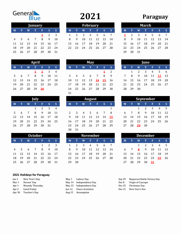 2021 Paraguay Holiday Calendar