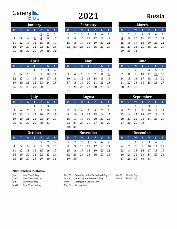 2021 Russia Holiday Calendar