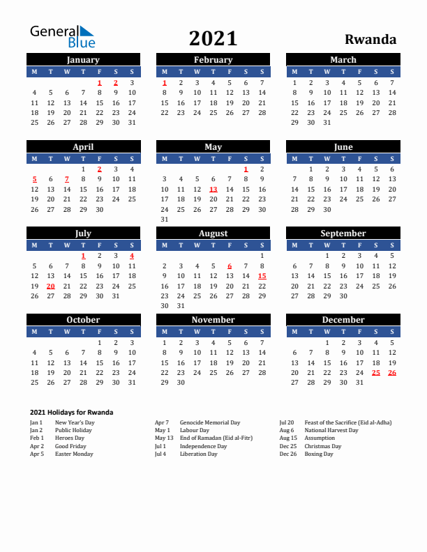 2021 Rwanda Holiday Calendar