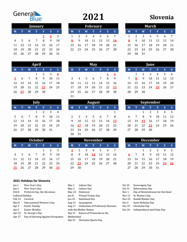 2021 Slovenia Holiday Calendar