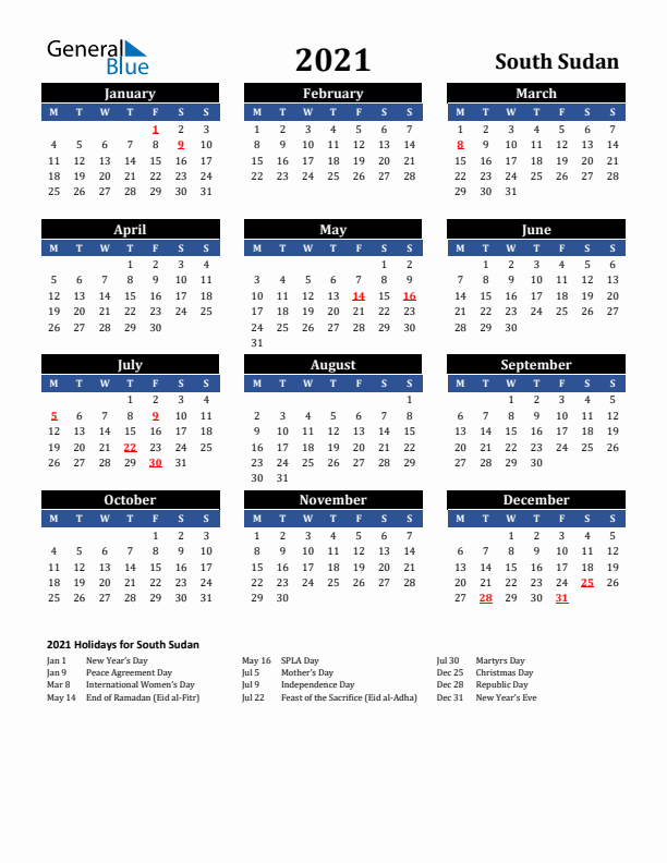 2021 South Sudan Holiday Calendar