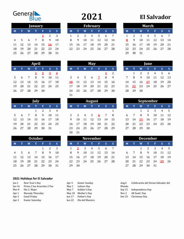 2021 El Salvador Holiday Calendar