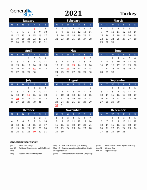 2021 Turkey Holiday Calendar