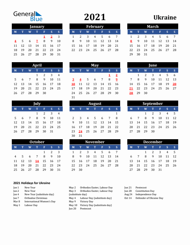 2021 Ukraine Holiday Calendar