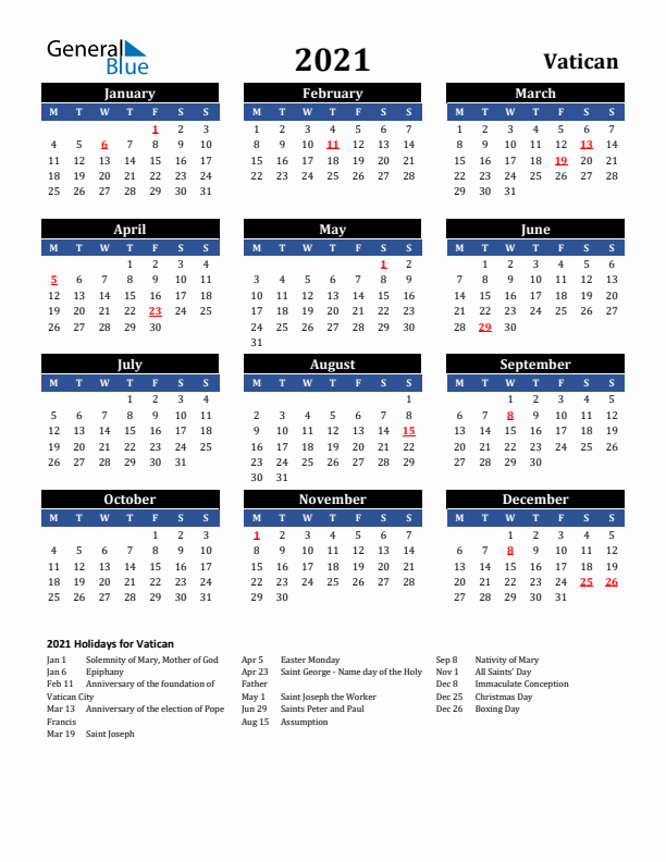 2021 Vatican Holiday Calendar