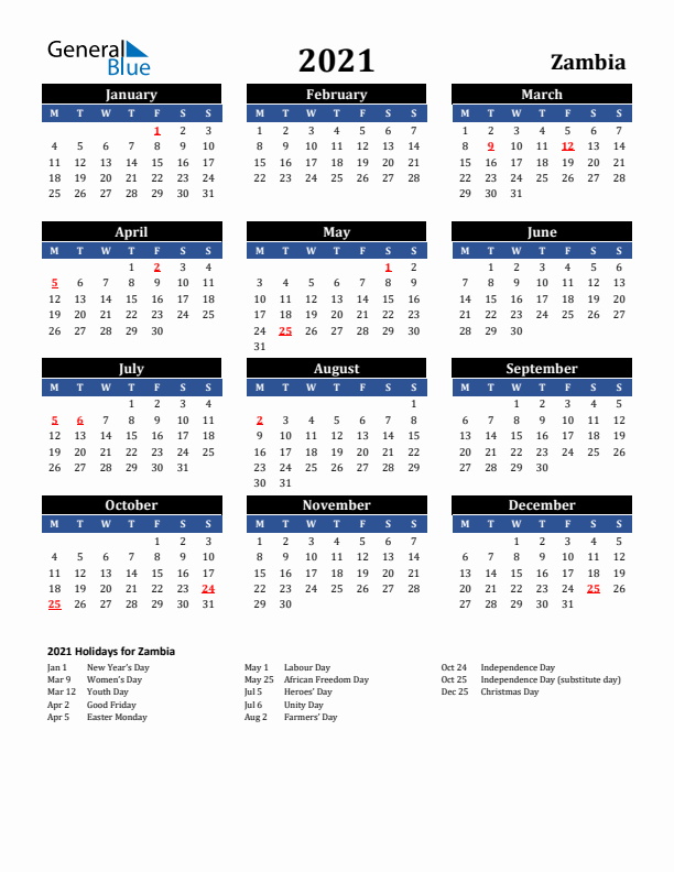 2021 Zambia Holiday Calendar