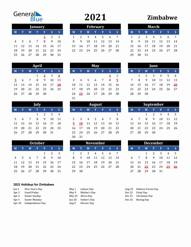 2021 Zimbabwe Holiday Calendar