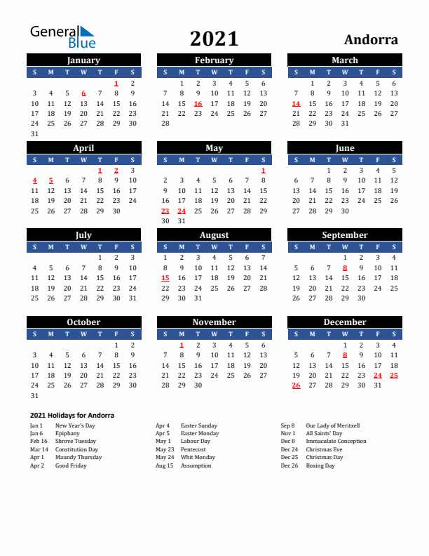 2021 Andorra Holiday Calendar