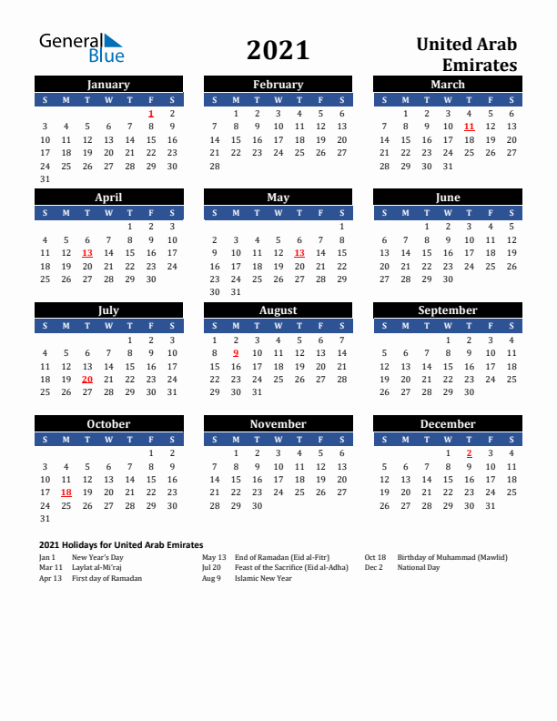 2021 United Arab Emirates Holiday Calendar