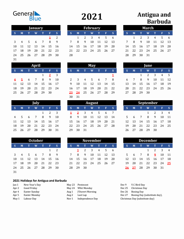 2021 Antigua and Barbuda Holiday Calendar