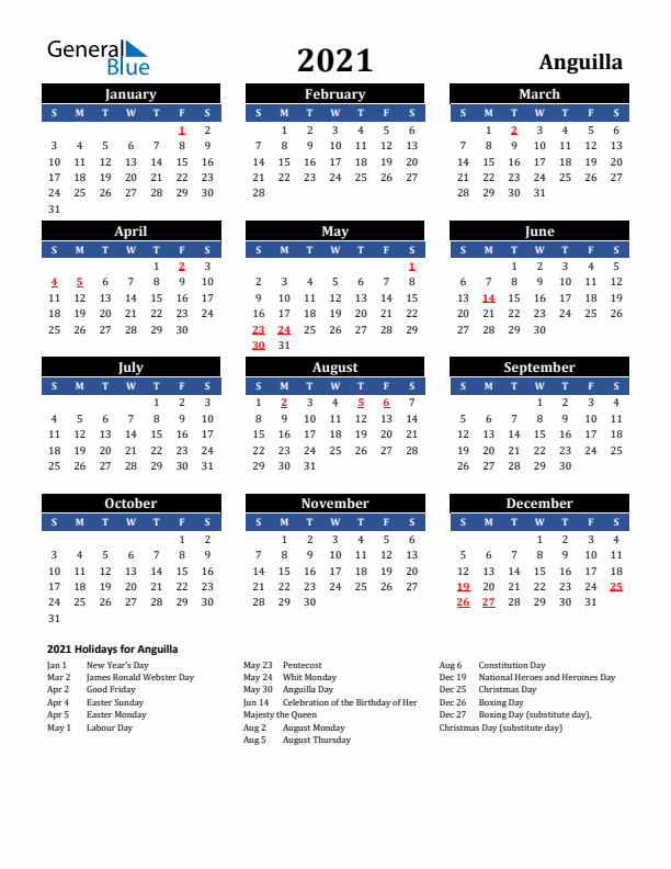 2021 Anguilla Holiday Calendar