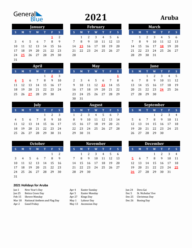 2021 Aruba Holiday Calendar