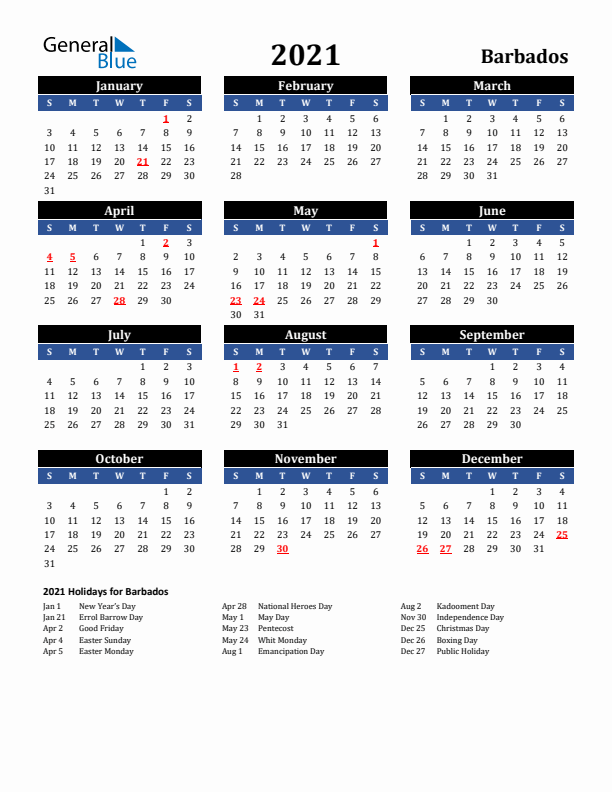 2021 Barbados Holiday Calendar