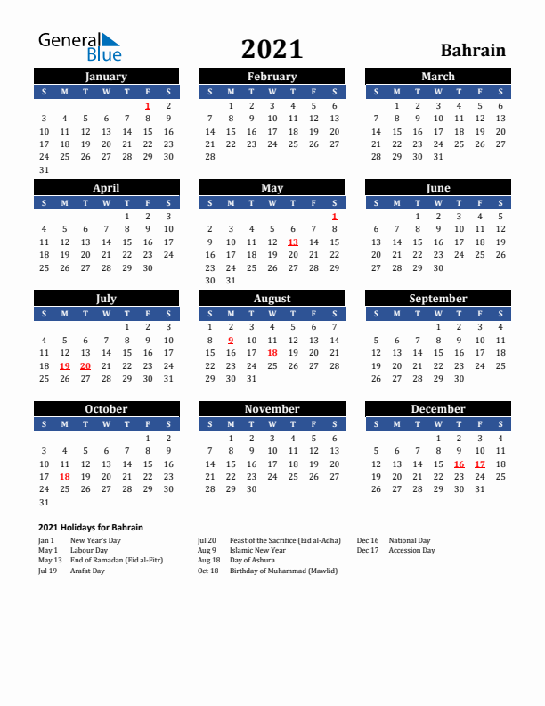 2021 Bahrain Holiday Calendar