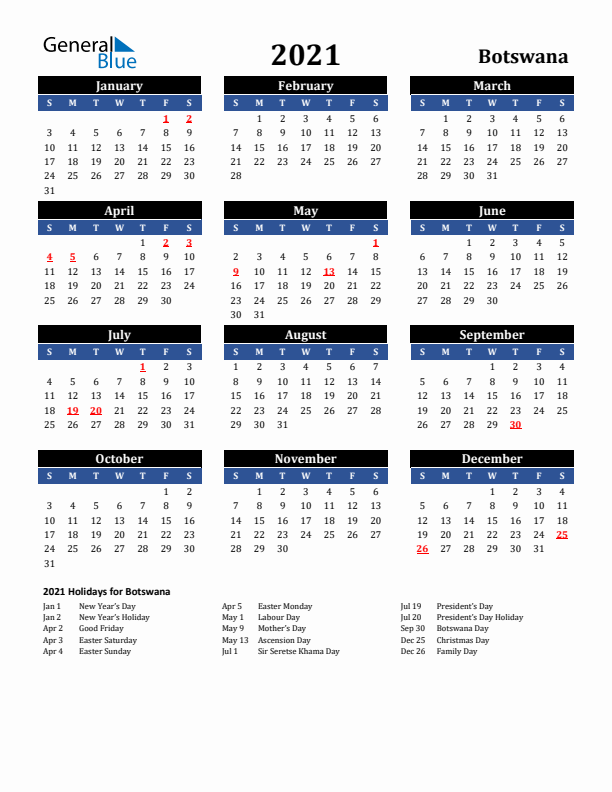 2021 Botswana Holiday Calendar