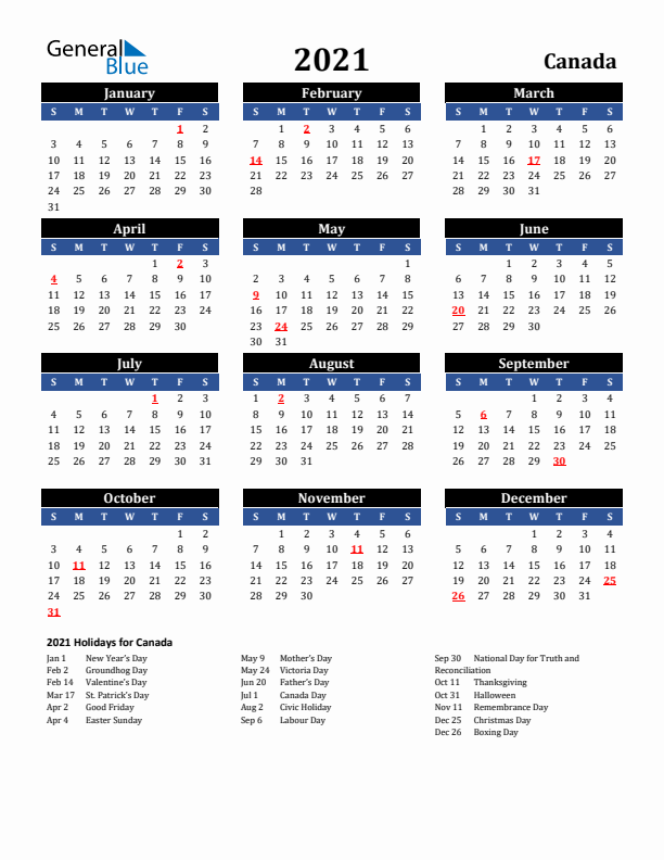 2021 Canada Holiday Calendar