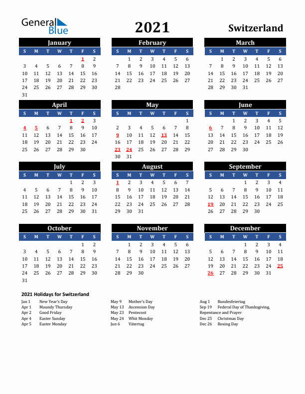 2021 Switzerland Holiday Calendar