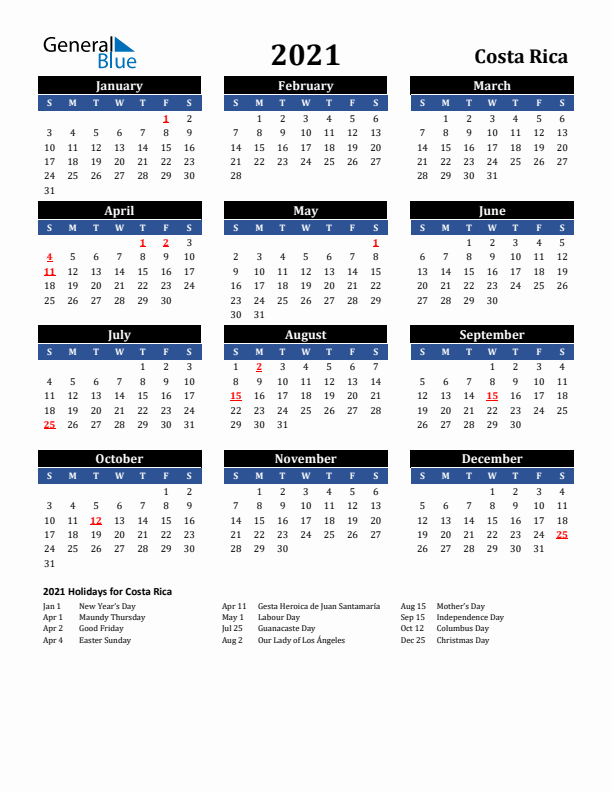 2021 Costa Rica Holiday Calendar