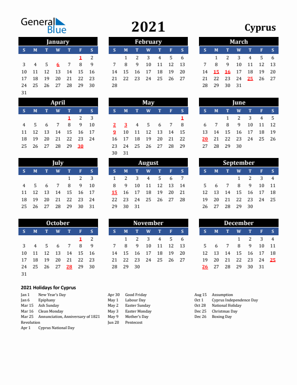 2021 Cyprus Holiday Calendar